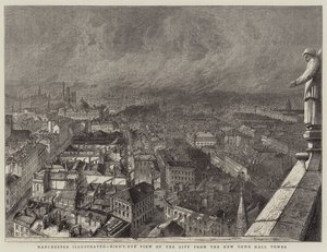 Manchester Illustrated, fugleperspektiv av byen fra New Town Hall Tower (gravering) av English School