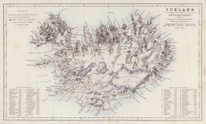 Kart: Island, ifølge Trigon Survey av Gunnlaugsson tegnet av Augustus Petermann (fargelitografi) av English School