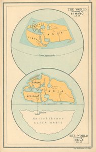 Kart: Verden ifølge Strabo år 18 e.Kr., Mela år 43 e.Kr. (fargelitografi) av English School