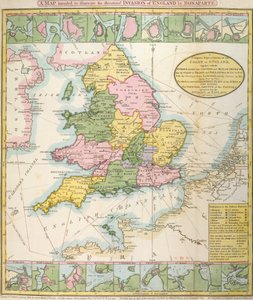 Kart over Storbritannia, som illustrerer den truede invasjonen av Napoleon Bonaparte (1769-1821) 1803 (farge litho) av English School