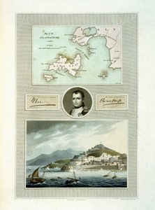 Kart over Elba og utsikt over Porto Ferraio med portrett av Napoleon og faksimile av signaturen hans, 1815 (fargegravering) av English School