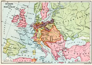 Kart over Europa etter freden i Tilsit i 1807, fra 