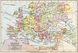 Kart over Europa på tidspunktet for det tredje korstoget, 1190, fra 