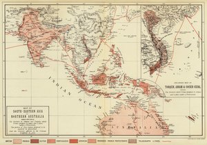 Kart over Sørøst-Asia og Nord-Australia; Forstørret kart over Tonquin, Annam og Cochin Kina (fargebilde) av English School