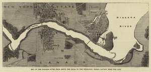 Karte des Niagara-Flusses von oberhalb der Fälle bis zum Strudel, wo Captain Webb verloren ging (Gravur) von English School