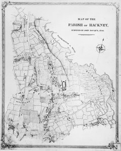 Kart over Parish of Hackney, kartlagt av John Rocque (ca. 1709-1762) 1745