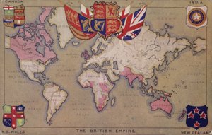 Kart som viser Det britiske imperiet med flagg og våpenskjold (fargelitografi) av English School