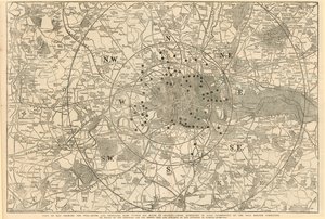 Kart som viser bomportene og hovedstolpene innen 6 miles fra Charing Cross, utstilt til Lord Palmerston av Toll Reform Committee