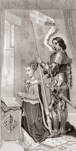 Margaret av Danmark med St. Knud, Danmarks beskytter, bak seg med et banner som viser korstogenes kors. Margaret av Danmark av English School