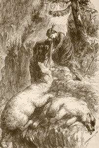 Marguerite de Roberval skyter to bjørner på Isle of Demons utenfor Newfoundland (litho) av English School