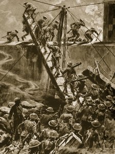 Marinesoldater og blåjakker dukker opp i landgangene fra H.M.S Vindictive, 1914-19 av English School