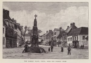 Markedsplass, Crecy, Frankrike, med det gamle markedskorset (litho) av English School