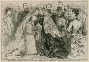 Ekteskap med prinsesse Victoria av Hessen og prins Louis av Battenberg, dronning Victoria hilser bruden, 16. mai 1884 av English School