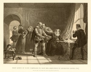 Mary Queen of Scots tvunget til å signere sin abdikasjon i Lochleven Castle av English School