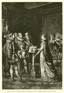 Mary Stuart protesterer på at hun er uskyldig i forbrytelsene som er anklaget for henne av English School