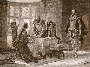 Mary signerer abdikasjonsbrevet i Lochleven Castle, illustrasjon fra Cassells Illustrated History of England (sepiafoto) av English School