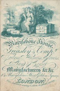 Marylebone House, Greasley & Co, skreddere, strømper, hansker, stag og korsettprodusenter, 14 Marylebone Street, Golden Square, handelskort av English School