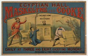 Maskelyne & Cooke ved den egyptiske hallen ca. 1880 (farge litho) av English School