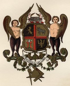 Frimurervåpen, etter et malt panel i besittelse av W.H.Y. Rylands, fra The History of Freemasonry, bind II, utgitt av Thomas C. Jack, London, 1883 av English School