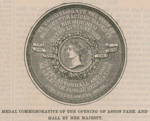 Medalje til minne om åpningen av Aston Park og Hall av Hennes Majestet av English School