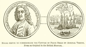 Medalje slått til minne om fangsten av Porto Bello av admiral Vernon av English School