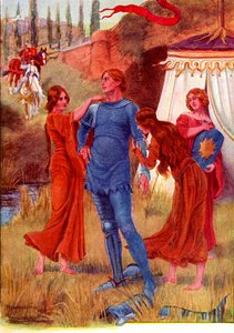 Medieval Knight, Morning Star klar for kamp. Farget illustrasjon fra historien om Gareth og Lynette fra boken The Gateway to Tennyson utgitt 1910. av English School
