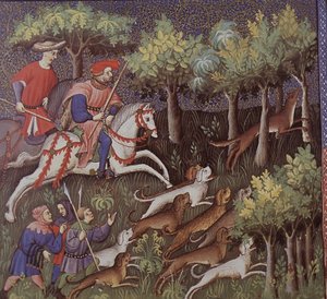 Middelalderaristokrater som jakter rever (tempera på papir) av English School