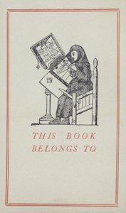 Middelalderskribent jobber med et manuskript, bokeierskapsetikett (farge litho) av English School