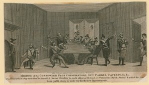Møte med Gunpowder Plot-konspiratørene, Guy Fawkes, Catesby, etc av English School