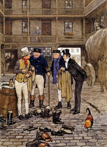 Medlemmer av Pickwick-klubben møter Sam Willer. Illustrasjon av verkene til Charles Dickens (1812–1870) fra den engelske skolen. Privat samling fra 1837. av English School