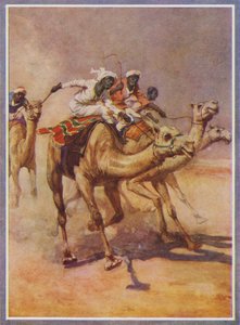 Menn som rir på kameler i et løp i ørkenen (farge litho) av English School
