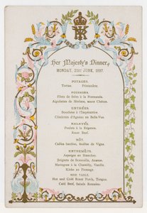 Meny for dronning Victorias middag mandag 21. juni 1897, dagen før hennes diamantjubileum av English School