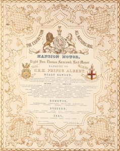 Meny med bankett for prins Albert i Mansion House, for å markere den store utstillingen for alle nasjoner, London, 1851 av English School