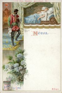 Meny med en scene fra Othello og en annonse for Liebigs Extract of Meat av English School