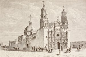 Metropolitan katedral i Plaza de Armas, Chihuahua, Mexico på det nittende århundre (litho) av English School