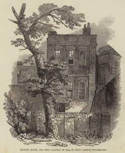 Miltons hus, og tre plantet av ham, i Petty France, Westminster (gravering) av English School