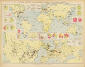 Mineralprodukter, kull, petroleum, naturgass, oljeskifer og asfalt (fargelitografi) av English School