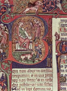Mms 9961-2 Historiert initial B fra Peterborough Psalter som viser kong David som spiller harpe, engelsk, (ca. 1310-20) av English School
