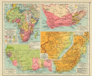 Moderne europeisering av Afrika Europeiske besittelser og innflytelsessfærer ved utbruddet av første verdenskrig (fargelitografi) av English School