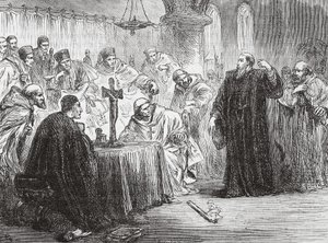 Mollio kaster ned fakkelen før inkvisisjonen, illustrasjon fra The History of Protestantism av James Aitken Wylie (1808-1890), pub. 1878 av English School