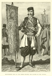 Montenegrinske Popa i krigskjole med kirkens banner av English School