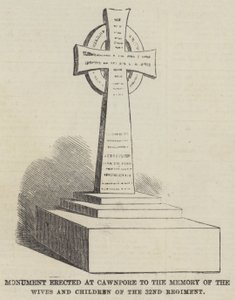 Monument reist ved Cawnpore til minne om konene og barna fra det 32. regiment (gravering) av English School