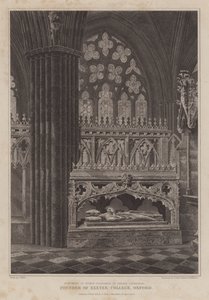 Monument til biskop Stapledon, grunnlegger av Exeter College, Oxford, i Exeter Cathedral (gravering) av English School