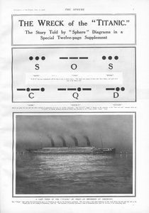 Morsekodesignaler og illustrasjon av dampskipet som la til kai ved Cherbourg om natten, fra The Sphere, 27. april 1912 av English School