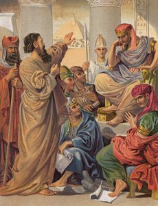 Moses og Aron før farao, Exodus, VII (farge litho) av English School