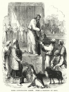 Moses innvier Aron, fra et maleri av Hoet (gravering) av English School