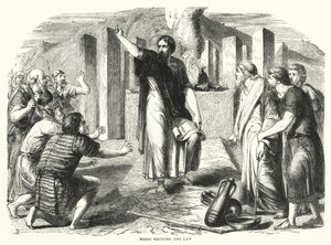 Moses resiterer loven (gravering) av English School