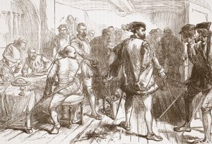 Mouchares-band som angriper protestantene på herberget i Faubourg St. Germain, illustrasjon fra The History of Protestantism av James Aitken Wylie (1808-1890), pub. 1878 av English School