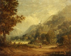 Fjellscene med kirke og gård (olje på lerret) av English School
