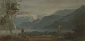 Fjelllandskap med figurer og storfe, tidligere tilskrevet JMW Turner (1775-1851) og også tilskrevet Peter de Wint (1784-1849), 1806-07 (olje på papir) av English School